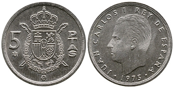 Испания 5 песет 1975 (78) Хуан Карлос I (1975-2014) KM 807 медно-никель 4110-1516