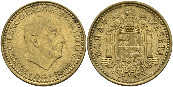 Испания 1 песета 1966 (68) Франсиско Франко (1939 - 1975) KM 796 алюминиевая бронза 4155-347