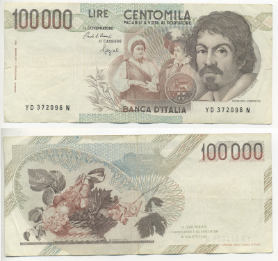 Италия 100000 лир 1983 Караваджо, фруктовый букет, подпись Speziali Pick 110b бумага 7220-15-1