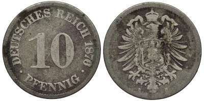ГЕРМАНИЯ 10 ПФЕННИГОВ 1876 H, СТАРОГЕРБОВКА, РЕДКАЯ KM 4, Jager 4, Weege 7 медно-никель 4543-545