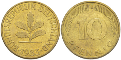 ФРГ 10 ПФЕННИГОВ 1983 G KM 108, J. 383 сталь плакированная латунью 4182-934