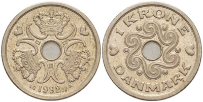 ДАНИЯ 1 КРОНА 1992 LG; JP; A, МАРГРЕТЕ II (1972-) KM 873.1 медно-никель 67-542