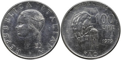 Италия 100 лир 1979 R, FAO, корова с теленком KM 106 нержавеющая сталь 4162-242