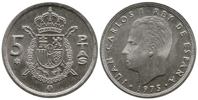 Испания 5 песет 1975 (78) Хуан Карлос I (1975-2014) KM 807 медно-никель 4110-1516