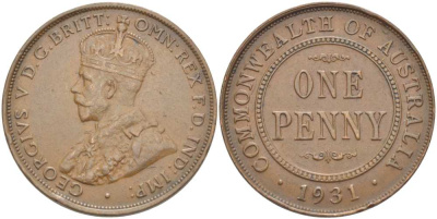 АВСТРАЛИЯ 1 ПЕННИ 1931 ГЕОРГ V (1910-1936), ЕДИНИЦА В ДАТЕ НОРМАЛЬНАЯ KM 23 бронза 4512-1116