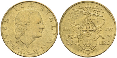 Италия 200 лир 1997 R, 100 ЛЕТ ИТАЛЬЯНСКОЙ МОРСКОЙ ЛИГЕ (1897-1997) KM 186 алюминиевая бронза 4573-826