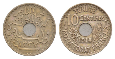 Тунис 10 сантимов 1918 KM 243 никель латунь 4655-434