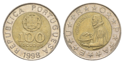 Португалия 100 эскудо 1998 Педру Нуниш (1502-1578), математик KM 645 биметалл 4391-524
