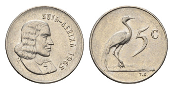 ЮАР 5 центов 1965 Ян ван Рибек (1619-1677), Suid Africa, легенда на африкаанс, райский журавль KM 67.2 медно-никель 4694-416