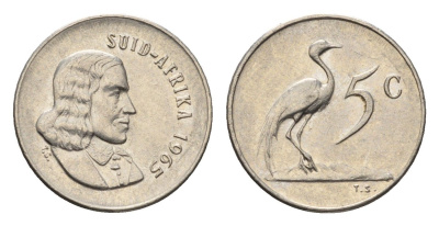ЮАР 5 центов 1965 Ян ван Рибек (1619-1677), Suid Africa, легенда на африкаанс, райский журавль KM 67.2 медно-никель 4694-416