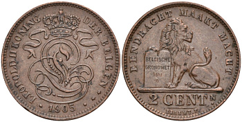 Бельгия 2 сантимА 1905 Belgen KM 36 медь 190-717