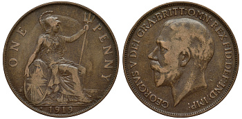 Великобритания 1 пенни 1919 H Георг V (1910-1932) KM 810, Spink 4052 бронза 1524-521