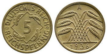 ГЕРМАНИЯ 5 РЕЙХСПФЕННИГОВ 1936 A, KM 39, J. 316 алюминиевая бронза 4380-1028
