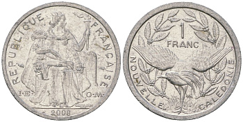 Французская Новая Каледония 1 франк 2008 птица кагу, (IEOM) KM 10, Schoen 10 алюминий 55-642