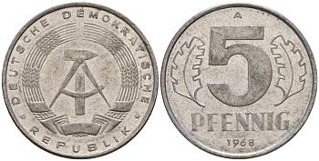 ГДР 5 пфеннигов 1968 A KM 9.1 алюминий 211-925