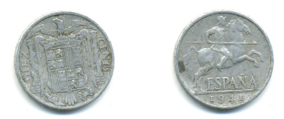 ИСПАНИЯ 10 СЕНТИМО 1941 РЫЦАРЬ НА КОНЕ KM 766 алюминий 80-1141