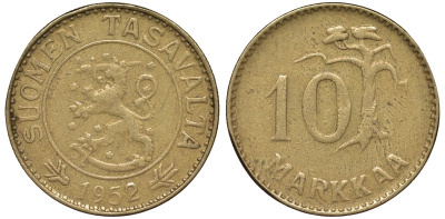 Финляндия 10 марок 1952 H, первый год чекана KM 38 алюминиевая бронза 4164-439