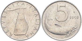 Италия 5 лир 1998 R, дельфин KM 92 алюминий  UNC  4594-754