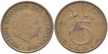 НИДЕРЛАНДЫ 5 ЦЕНТОВ 1963 ЮЛИАНА KM 181 бронза 214-817