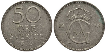 Швеция 50 эре 1973 U, Густав VI Адольф (1950-1973) KM 837 медно-никель 113-813