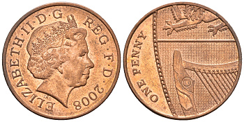 Великобритания 1 пенни 2008 Елизавета II (1952-2022) KM 1107, Spink B6 сталь плакированная медью 4609-646