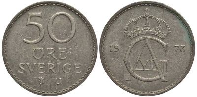 Швеция 50 эре 1973 U, Густав VI Адольф (1950-1973) KM 837 медно-никель 113-813