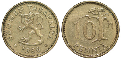 Финляндия 10 пенни 1966 S KM 46 алюминиевая бронза 3334-1122