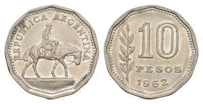 Аргентина 10 песо 1962 KM 60 сталь плакированная никелем 4153-847