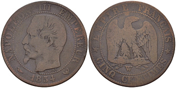 ФРАНЦИЯ 5 САНТИМОВ 1854 W, НАПОЛЕОН III (1852-1870) KM 777.7, LE FRANC 116.15 бронза 28-711