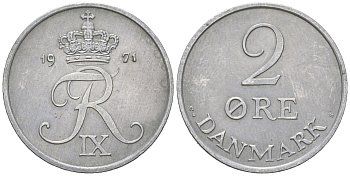 Дания 2 эре 1971 C; S, Фредерик IX (1947-1972) KM 840 цинк aUNC 213-652