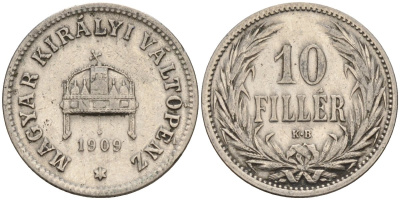 Венгрия 10 филлеров 1909 KB, Франц Иосиф I (1848-1916) KM 482 никель 4151-1116