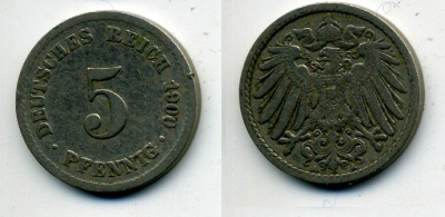 ГЕРМАНИЯ 5 ПФЕННИГОВ 1900 A, KM 11, J. 12 медно-никель 58-1212