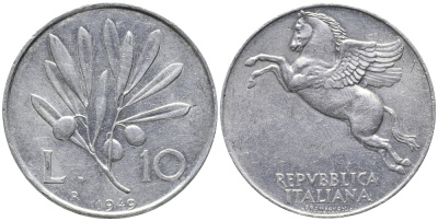 Италия 10 лир 1949 R, оливковая ветвь, пегас KM 90 алюминий 32-942