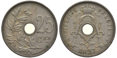 БЕЛЬГИЯ 25 САНТИМОВ 1927 BELGIE, АЛЬБЕРТ I (1909-1934) KM 69 медно-никель 27-933