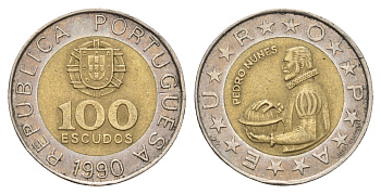 Португалия 100 эскудо 1990 Педру Нуниш (1502-1578), математик KM 645 биметалл 4707-317