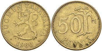 ФИНЛЯНДИЯ 50 ПЕННИ 1980 K KM 48 алюминиевая бронза 4563-436