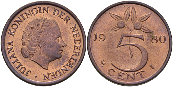 Нидерланды 5 центов 1980 Юлиана (1948-1980) KM 181 бронза 67-732