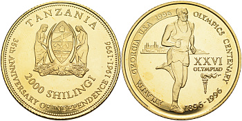 Танзания 2000 шиллингов 1996 XXVI Олимпийские игры 1996 года в Атланте, 100 лет Олимпийскому движению, бег, пробник, рубчатый гурт латунь PROOF 06-135-22