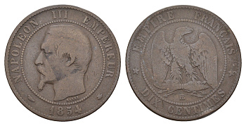 Франция 10 сантимов 1854 BB, Наполеон III (1852-1870) KM 771.3 бронза 35-342