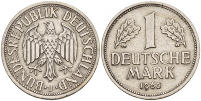 ФРГ 1 МАРКА 1965 J KM 110, J.385 медно-никель 4544-822