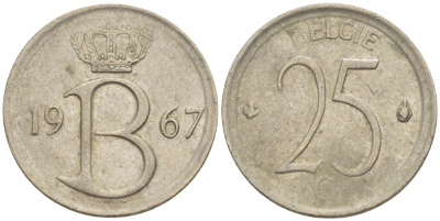 Бельгия 25 сантимов 1967 Belgie, Бодуэн I (1951-1993) KM 154.1 медно-никель 4528-131