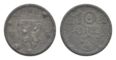 Норвегия 10 эре 1942 Хокон VII (1905-1957) KM 389 цинк 4632-1131