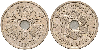 Дания 2 кроны 1993 LG; JP; A, Маргрете II (1972- ) KM 874.1 медно-никель 4143-1211