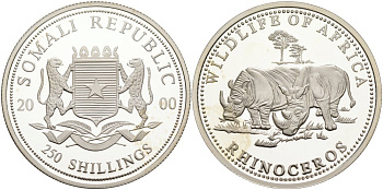 Сомали 250 шиллингов 2000 дикая природа Африки, носорог KM 279 серебро PROOF 00-000-00