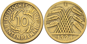 Германия 10 рентенпфеннигов 1924 E KM 33, J .309, Weege 8 алюминиевая бронза 4143-525