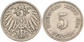 ГЕРМАНИЯ 5 ПФЕННИГОВ 1902 A, KM 11, J. 12 медно-никель 73-1562