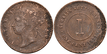 Стрейтс-Сетлментс 1 цент 1873 Виктория (1837-1901), Ост-Индская компания KM 9 медь 4590-321