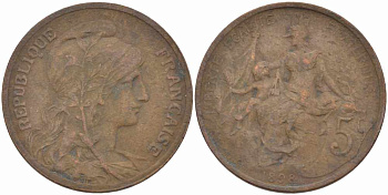 ФРАНЦИЯ 5 САНТИМОВ 1898 ТИП ДАНИЭЛЬ ДЮПЮИ KM 842, LE FRANC 119.5 бронза 108-811