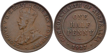 АВСТРАЛИЯ 1/2 ПЕННИ 1927 ГЕОРГ V KM 22 бронза 67-1221