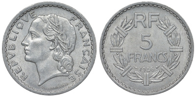 Франция 5 франков 1946 open 9 KM 888b.1, Le Franc 339.6 алюминий 4123-531